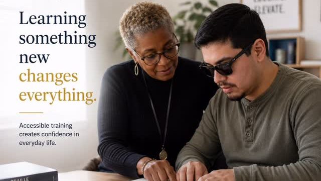 man at a desk learning braille from a teacher